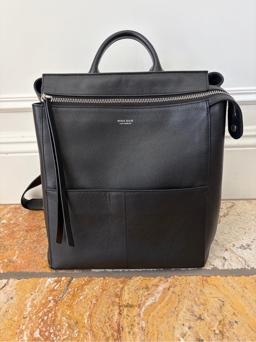 Mina Baie Black Leather Diaper Backpack Tote